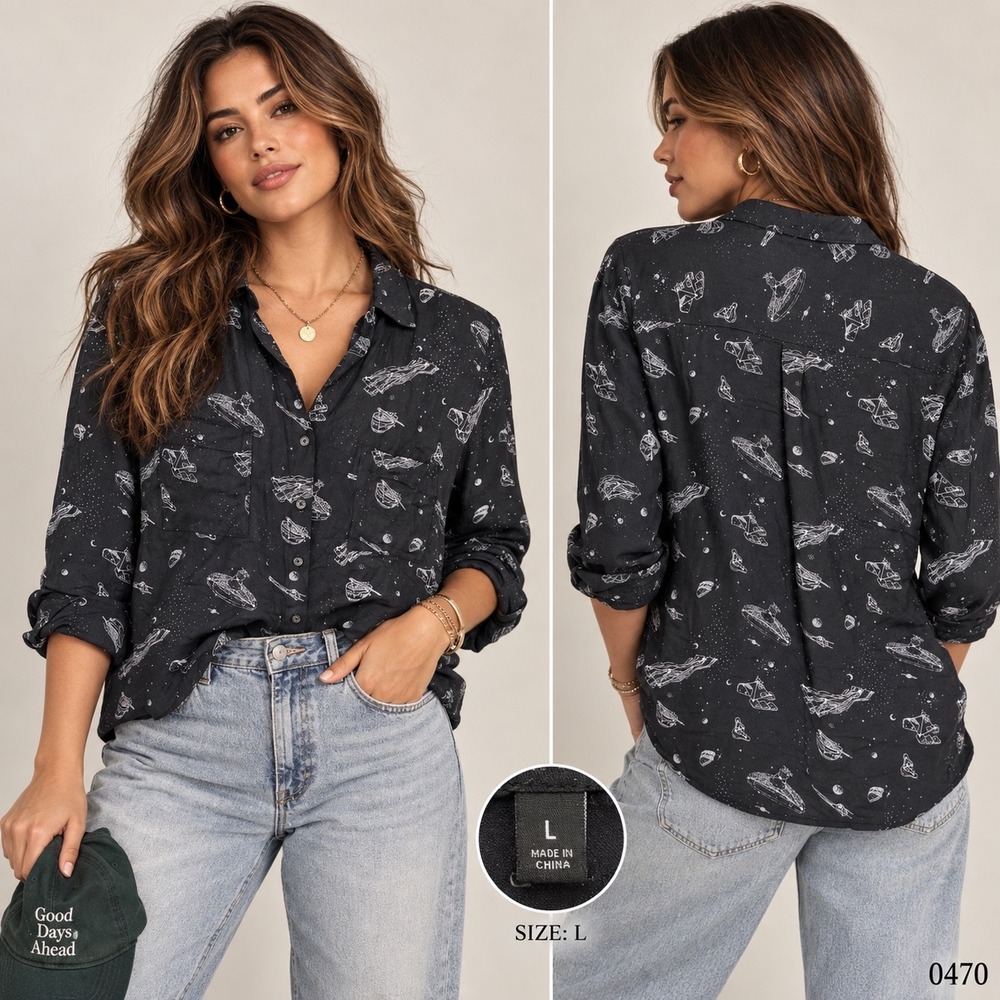Betabrand Breakfast in Space Black Rayon Button Down Shirt Womens L 0470